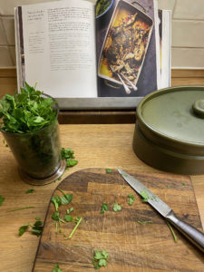 Oak and Steel Cook Book Stand and Small Oak Chopping Board